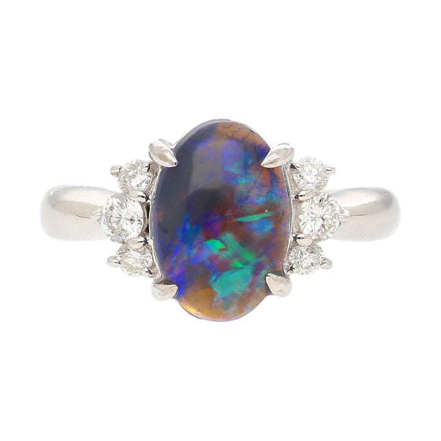 2.17 Carat Oval Cabochon Black Opal Diamond Ring Vintage Platinum Tapered Band-Time and Carat