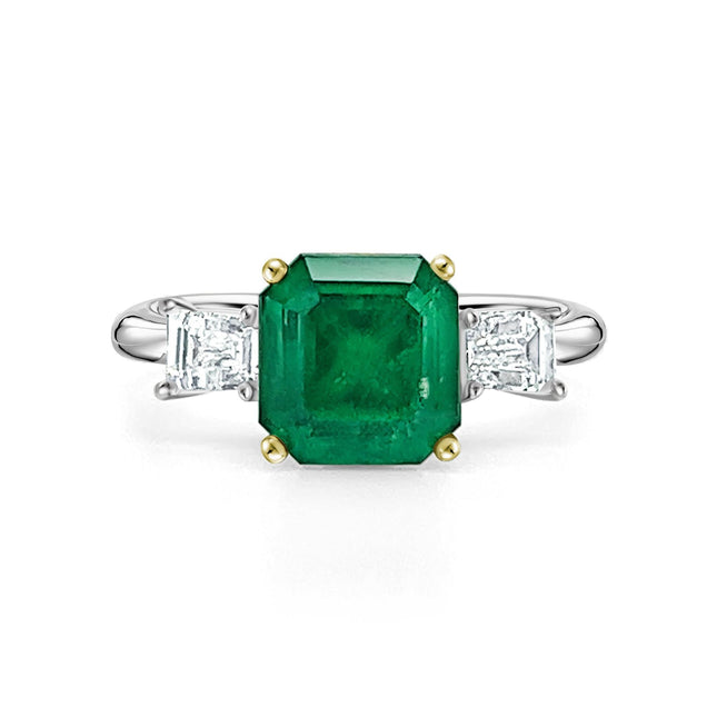 2.19 Carat Natural Emerald 3-Stone Ring with Baguette Diamond in 18K White Gold