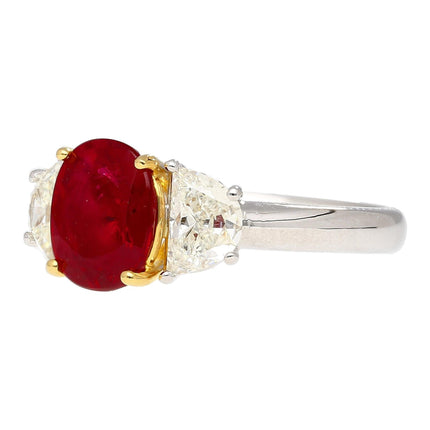 2.19 Carat Oval No Heat Burma Ruby Trapezoid Diamond Three Stone Ring-Time and Carat