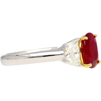 2.19 Carat Oval No Heat Burma Ruby Trapezoid Diamond Three Stone Ring-Time and Carat