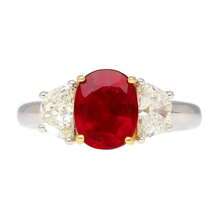 2.19 Carat Oval No Heat Burma Ruby Trapezoid Diamond Three Stone Ring-Time and Carat