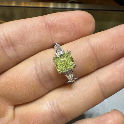 2.22 Carat Radiant Cut Fancy Yellow-Green Diamond Tapered Baguette Diamond Three Stone Ring 18K White Gold-Time and Carat