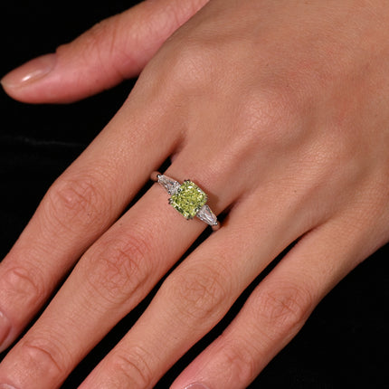 2.22 Carat Radiant Cut Fancy Yellow-Green Diamond Tapered Baguette Diamond Three Stone Ring 18K White Gold-Time and Carat
