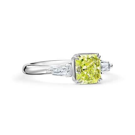 2.22 Carat Radiant Cut Fancy Yellow-Green Diamond Tapered Baguette Diamond Three Stone Ring 18K White Gold-Time and Carat
