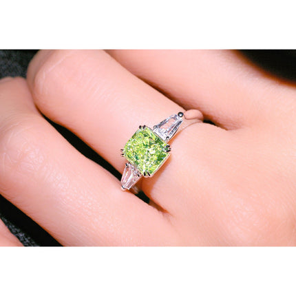 2.22 Carat Radiant Cut Fancy Yellow-Green Diamond Tapered Baguette Diamond Three Stone Ring 18K White Gold-Time and Carat