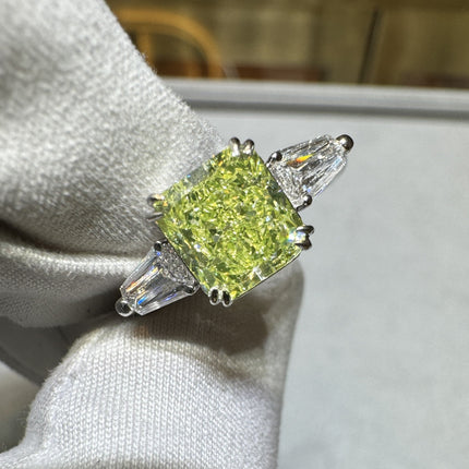 2.22 Carat Radiant Cut Fancy Yellow-Green Diamond Tapered Baguette Diamond Three Stone Ring 18K White Gold-Time and Carat