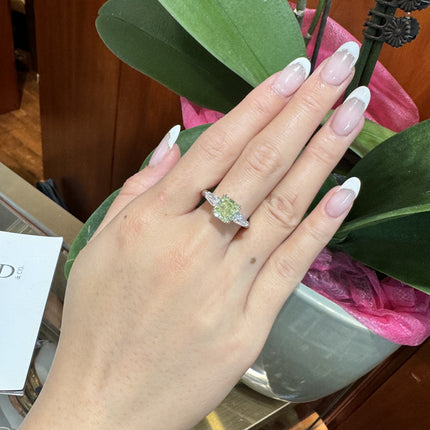 2.22 Carat Radiant Cut Fancy Yellow-Green Diamond Tapered Baguette Diamond Three Stone Ring 18K White Gold-Time and Carat