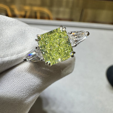 2.22 Carat Radiant Cut Fancy Yellow-Green Diamond Tapered Baguette Diamond Three Stone Ring 18K White Gold-Time and Carat
