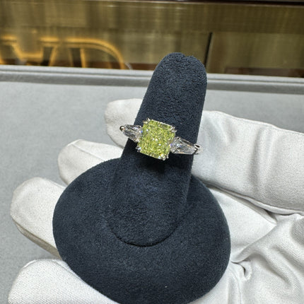 2.22 Carat Radiant Cut Fancy Yellow-Green Diamond Tapered Baguette Diamond Three Stone Ring 18K White Gold-Time and Carat