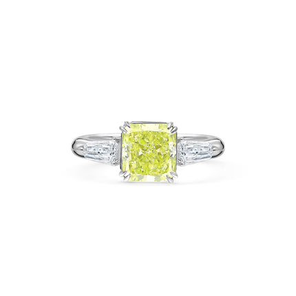 2.22 Carat Radiant Cut Fancy Yellow-Green Diamond Tapered Baguette Diamond Three Stone Ring 18K White Gold-Time and Carat