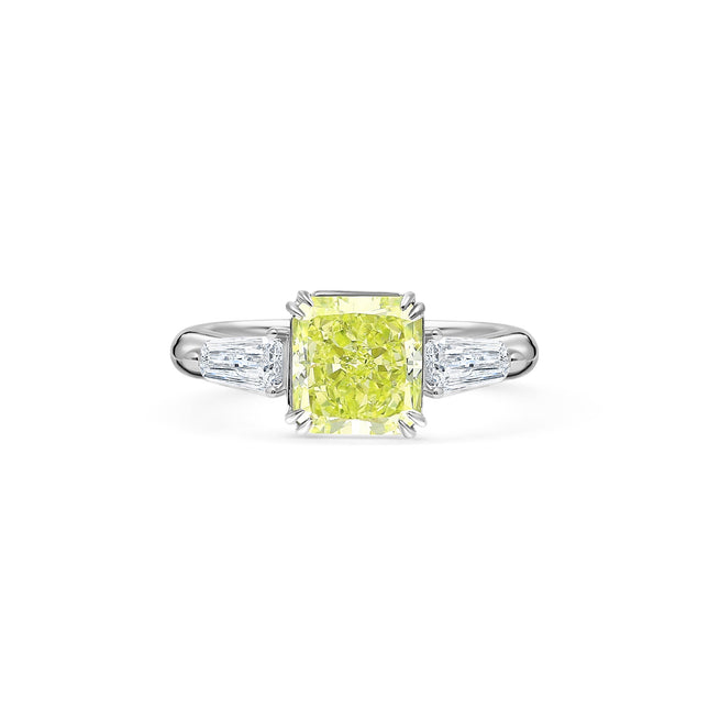 2.22 Carat Radiant Cut Fancy Yellow-Green Diamond Tapered Baguette Diamond Three Stone Ring 18K White Gold-Time and Carat