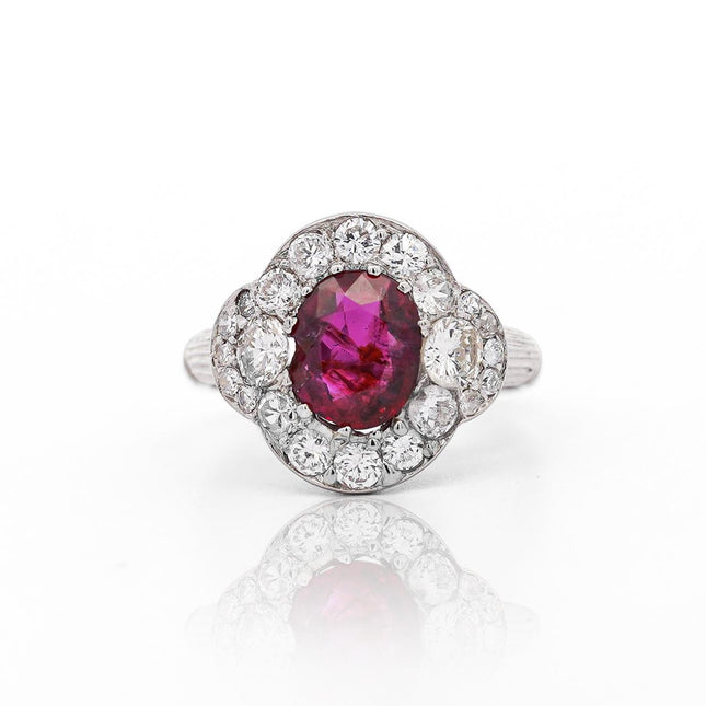 2.3 Carat Oval No Heat Burma Ruby Diamond Halo Ring Vintage Retro Platinum-Time and Carat