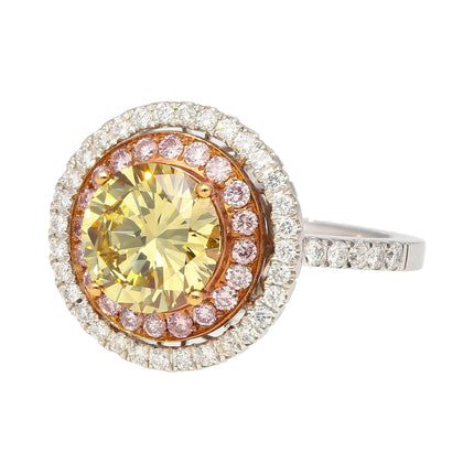 2.30 Carat Round Fancy Brownish Greenish Yellow Diamond Double Halo Ring Tri-Tone Gold-Time and Carat