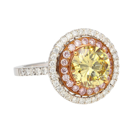 2.30 Carat Round Fancy Brownish Greenish Yellow Diamond Double Halo Ring Tri-Tone Gold-Time and Carat