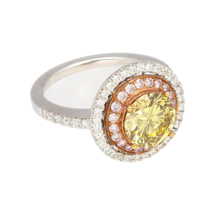 2.30 Carat Round Fancy Brownish Greenish Yellow Diamond Double Halo Ring Tri-Tone Gold-Time and Carat