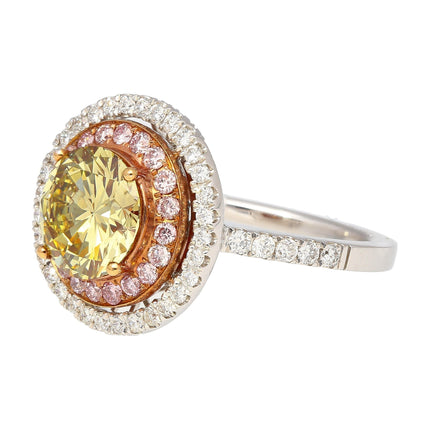 2.30 Carat Round Fancy Brownish Greenish Yellow Diamond Double Halo Ring Tri-Tone Gold-Time and Carat