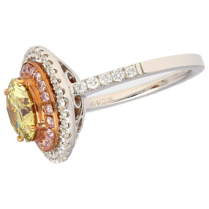 2.30 Carat Round Fancy Brownish Greenish Yellow Diamond Double Halo Ring Tri-Tone Gold-Time and Carat