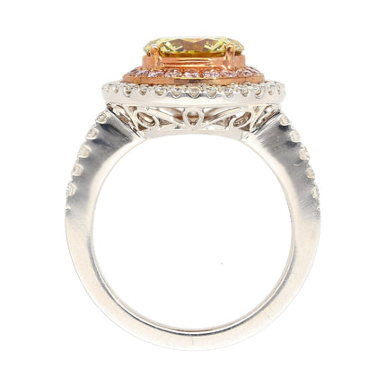 2.30 Carat Round Fancy Brownish Greenish Yellow Diamond Double Halo Ring Tri-Tone Gold-Time and Carat