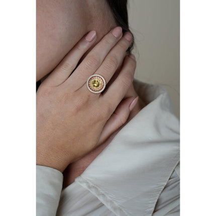 2.30 Carat Round Fancy Brownish Greenish Yellow Diamond Double Halo Ring Tri-Tone Gold-Time and Carat