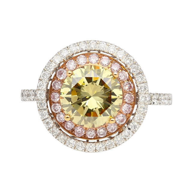 2.30 Carat Round Fancy Brownish Greenish Yellow Diamond Double Halo Ring Tri-Tone Gold-Time and Carat