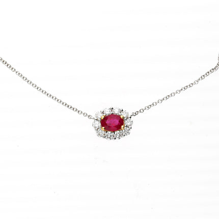 0.83 Carat Oval Burma Ruby Round Brilliant Diamond Single Halo 18K White Yellow Gold Pendant Necklace