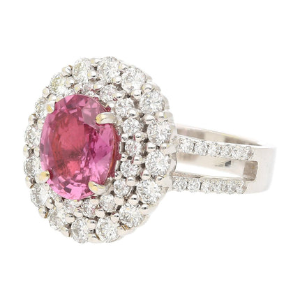 2.33 Carat Oval Madagascar Pink Sapphire Triple Diamond Halo Cocktail Ring Filigree-Time and Carat