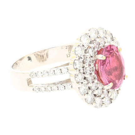 2.33 Carat Oval Madagascar Pink Sapphire Triple Diamond Halo Cocktail Ring Filigree-Time and Carat