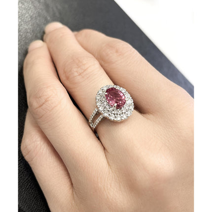2.33 Carat Oval Madagascar Pink Sapphire Triple Diamond Halo Cocktail Ring Filigree-Time and Carat
