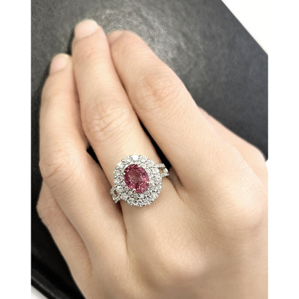 2.33 Carat Oval Madagascar Pink Sapphire Triple Diamond Halo Cocktail Ring Filigree-Time and Carat