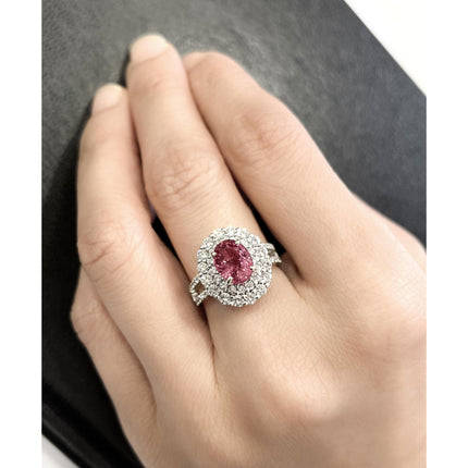 2.33 Carat Oval Madagascar Pink Sapphire Triple Diamond Halo Cocktail Ring Filigree-Time and Carat
