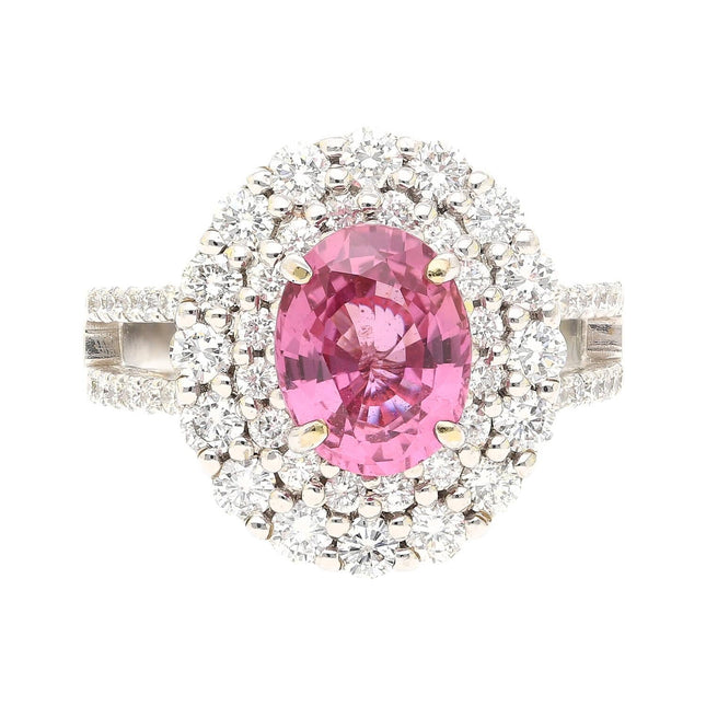 2.33 Carat Oval Madagascar Pink Sapphire Triple Diamond Halo Cocktail Ring Filigree-Time and Carat
