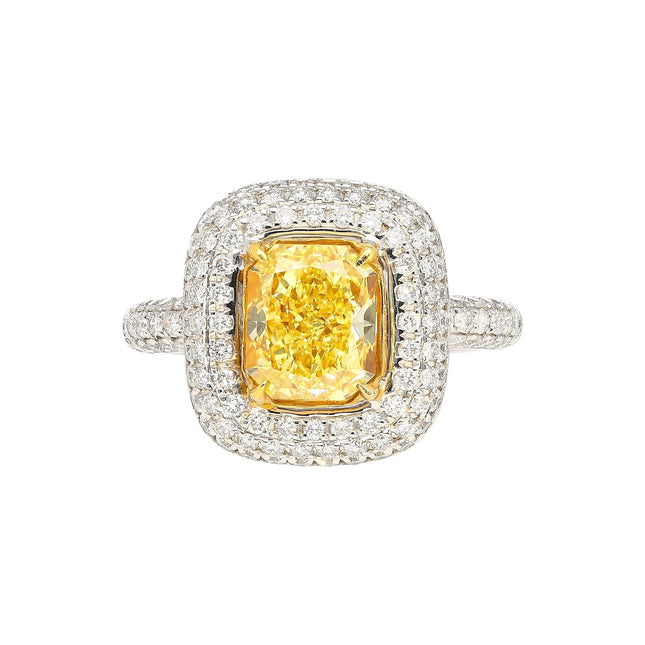 2.35 Carat Radiant Cut Fancy Yellow Diamond Engagement Ring Pavé Shank-Time and Carat