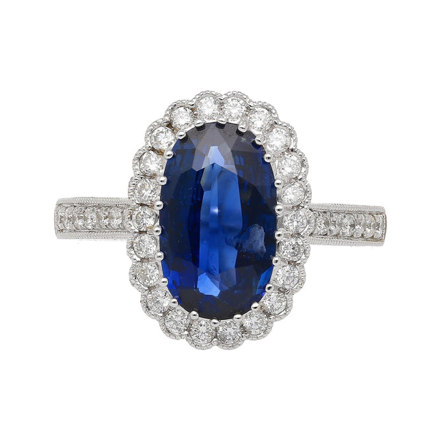 2.38 Carat Oval No Heat Cambodia Blue Sapphire Diamond Halo Ring Vintage Art Deco Milgrain-Time and Carat