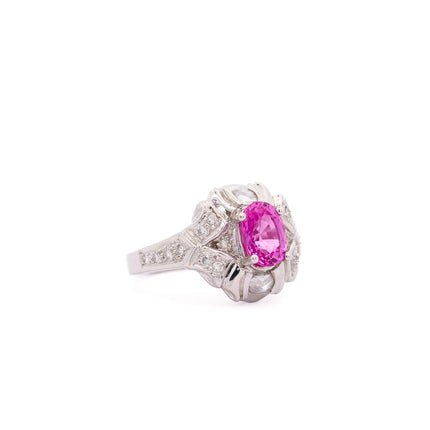 2.40 Carat Oval Cut Purplish Pink Sapphire Briolette Diamond Platinum Ring-Time and Carat