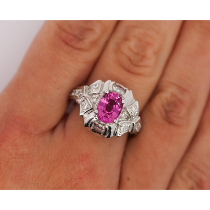 2.40 Carat Oval Cut Purplish Pink Sapphire Briolette Diamond Platinum Ring-Time and Carat