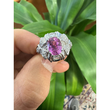 2.40 Carat Oval Cut Purplish Pink Sapphire Briolette Diamond Platinum Ring-Time and Carat