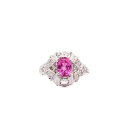 2.40 Carat Oval Cut Purplish Pink Sapphire Briolette Diamond Platinum Ring-Time and Carat