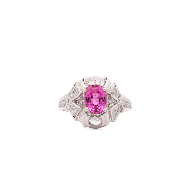 2.40 Carat Oval Cut Purplish Pink Sapphire Briolette Diamond Platinum Ring-Time and Carat