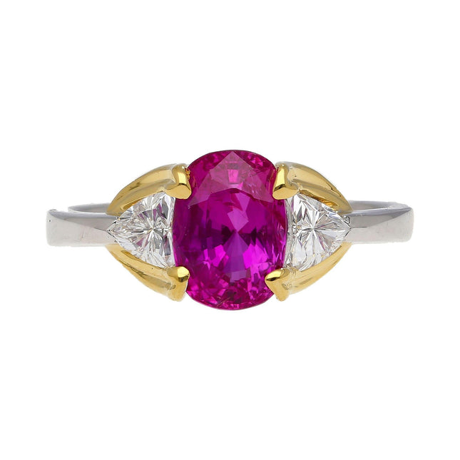 2.42 Carat Cushion Cut Purplish Pink Sapphire Trillion Diamond Three Stone Ring-Time and Carat