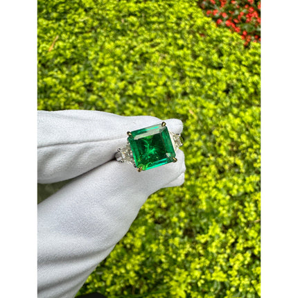 2.44 Carat Emerald Cut No Oil Green Emerald Trapezoid Diamond Three Stone Ring-Time and Carat