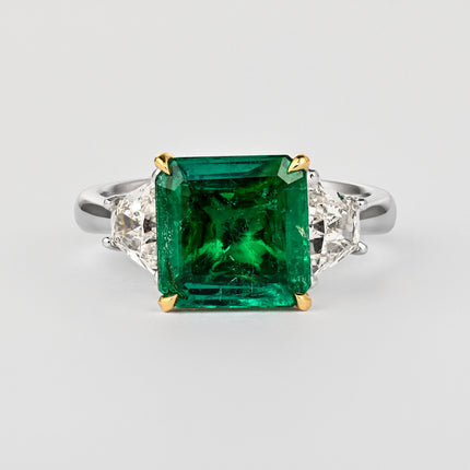 2.44 Carat Emerald Cut No Oil Green Emerald Trapezoid Diamond Three Stone Ring-Time and Carat