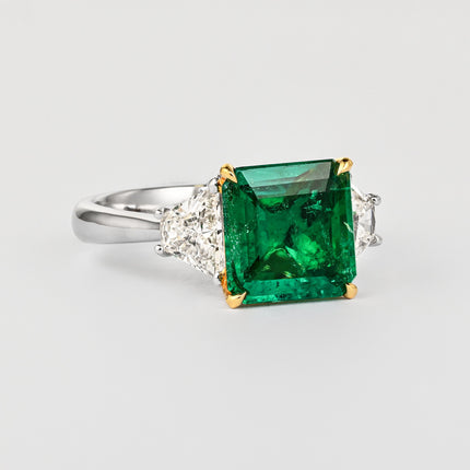 2.44 Carat Emerald Cut No Oil Green Emerald Trapezoid Diamond Three Stone Ring-Time and Carat