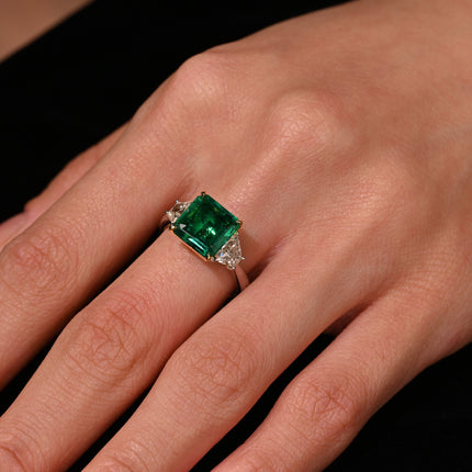 2.44 Carat Emerald Cut No Oil Green Emerald Trapezoid Diamond Three Stone Ring-Time and Carat