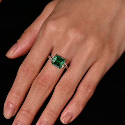 2.44 Carat Emerald Cut No Oil Green Emerald Trapezoid Diamond Three Stone Ring-Time and Carat