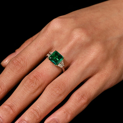 2.44 Carat Emerald Cut No Oil Green Emerald Trapezoid Diamond Three Stone Ring-Time and Carat