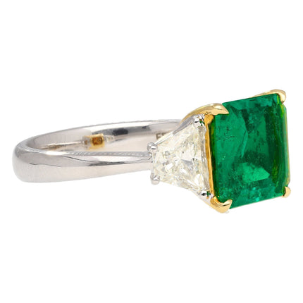 2.44 Carat Emerald Cut No Oil Green Emerald Trapezoid Diamond Three Stone Ring-Time and Carat