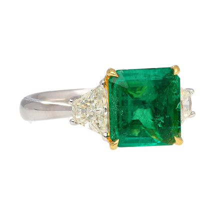 2.44 Carat Emerald Cut No Oil Green Emerald Trapezoid Diamond Three Stone Ring-Time and Carat