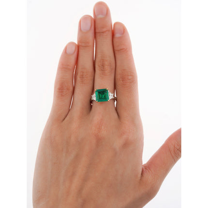 2.44 Carat Emerald Cut No Oil Green Emerald Trapezoid Diamond Three Stone Ring-Time and Carat
