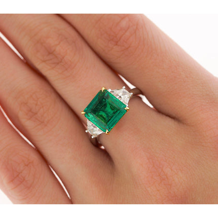 2.44 Carat Emerald Cut No Oil Green Emerald Trapezoid Diamond Three Stone Ring-Time and Carat