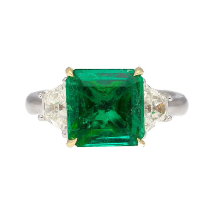 2.44 Carat Emerald Cut No Oil Green Emerald Trapezoid Diamond Three Stone Ring-Time and Carat